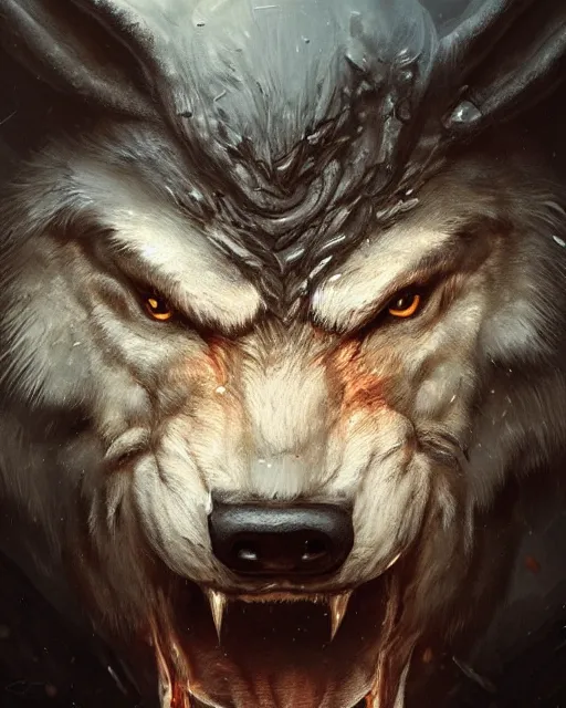 Image similar to A minotaur as a wolf, terrifying face, highly detailed face, close-up, fantasy art, monster art, in the style of greg rutkowski, illustration, epic, fantasy, intricate, hyper detailed, artstation, concept art, smooth, sharp focus, ray tracing