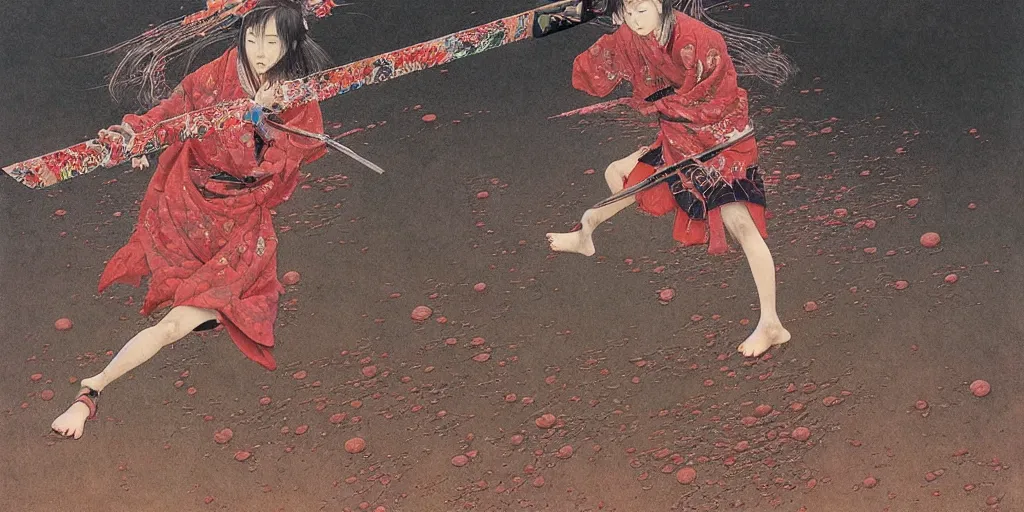 Image similar to Japanese schoolgirl runs away from Samurai with a katana on the subway, high detailed Beksinski painting, part by Adrian Ghenie and Gerhard Richter. art by Takato Yamamoto. masterpiece