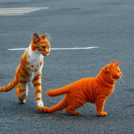 Image similar to a giant orange cat chasing after a little puppy dog