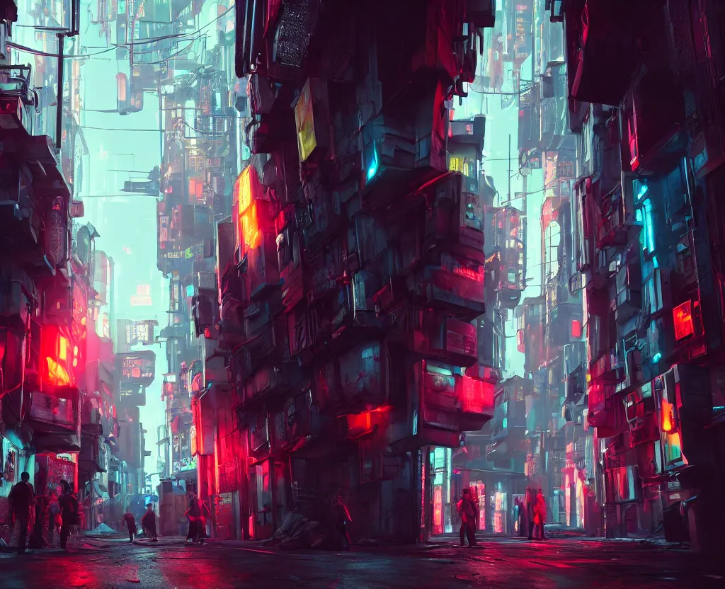 Image similar to three point perspective close wide angle shot of a matte painting environment design of cyberpunk alley with neon lights, people on the streets being monitored by flying drones, artstation, ultra realistic, volumetric lighting, 4k, octane render