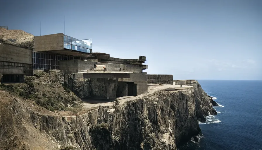 Image similar to big military base perched on a cliff overlooking a magnificient bay, laboratory, drawing architecture, science fiction, pritzker architecture prize, greig fraser