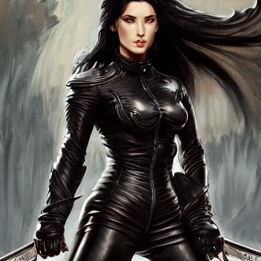 Image similar to an action photo of a black haired woman in a black leather jacket in a swordfight, muscular upper body, abs, d & d, fantasy, intricate, elegant, highly detailed, digital painting, artstation, concept art, smooth, sharp focus, illustration, art by artgerm and greg rutkowski and alphonse mucha