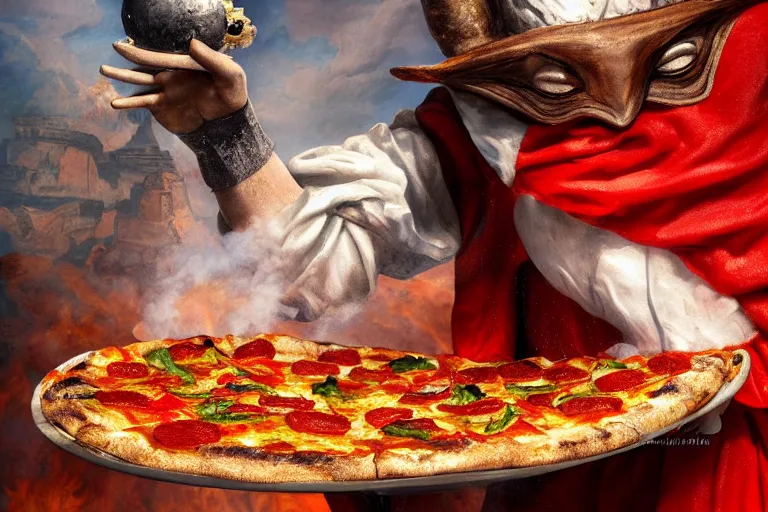 Image similar to a highly detailed pulcinella! holding a pizza! margherita, full body, volcano in background, lava and smoke, ominous, detailed painting by arturo faldi, trending on deviantart, octane, masterpiece