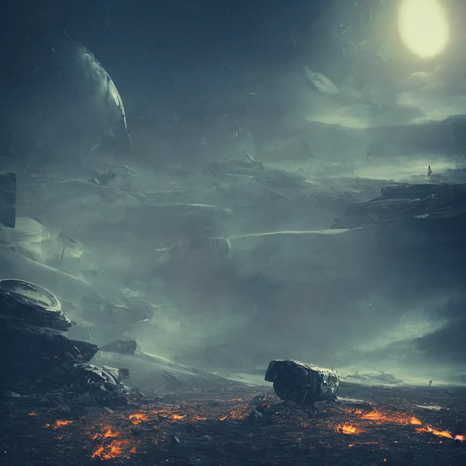 Prompt: beautiful dark landscape, astronaut standing looking, wrecked spacecraft destroyed on fire, award winning artstation, beeple and Mike Winkelmann, intricate, epic lighting, cinematic composition, hyper realistic, 8k resolution