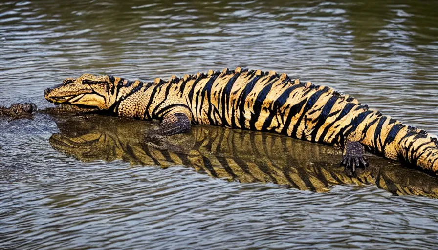 Image similar to an alligator tiger!!! hybrid! hyper realistic!! realistic lighting!! wildlife photographer of the year!!! bold natural colors, national geographic, hd, wide angle, 8 k