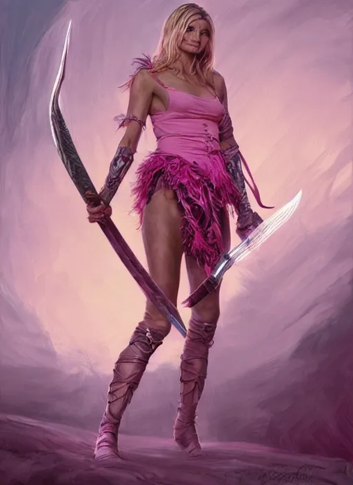 Image similar to serious looking Cameron Diaz as a ruggedly handsome heroine wearing pink feathers and wielding a glowing sword, intricate, elegant, tasteful, highly detailed, centered, digital painting, artstation, concept art, smooth, sharp focus, illustration, art by artgerm and donato giancola and Joseph Christian Leyendecker, WLOP