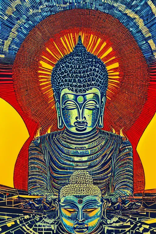 Prompt: a blazing geometric sun above a techno buddha, detailed, 4 k, warm colours, by stanley donwood and philippe druillet,