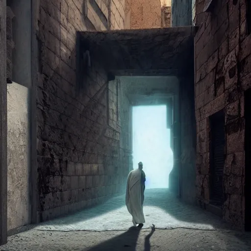 Image similar to old jeddah city alley, roshan, old shops, horse, magical glowing sand gate to another dimension, a man wearing a white robe standing watching over, dramatic lighting sci fi, by caspar david friedrich by beeple and james gilleard and justin gerard, centered, artstation, smooth, sharp focus, photoreal octane render, 3 d, by jean baptiste monge