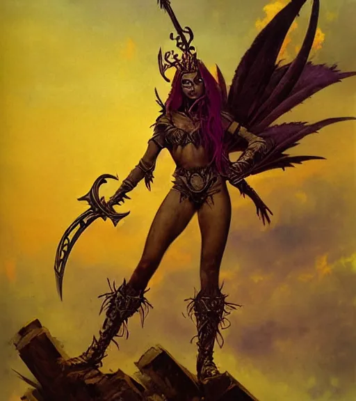 Image similar to evil princess of the wasteland, scrap metal headdress, strong line, deep color, yellow purple, cloudy sky, beautiful! coherent! by brom, by frank frazetta, low angle