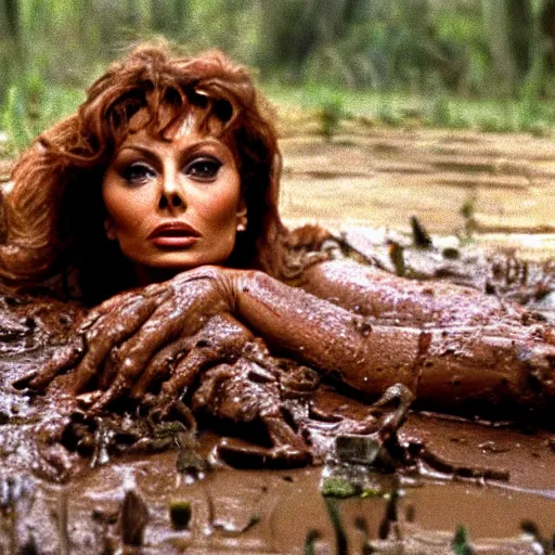 Image similar to cinematic still of sophia loren, covered in mud and watching a predator in a swamp in 1 9 8 7 movie predator, hd, 4 k