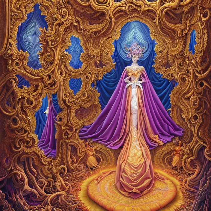 Image similar to beautiful oil painting, full length portrait of dauphinois in baroque coronation robes 1701, Dan Mumford, Dan Mumford, Alex grey, hyacinthe rigaurd, highly detailed , lsd visuals, dmt fractal patterns, hallucinogen, visionary art, psychedelic art, ornate, vaporwave, baroque, Greg rutkowski