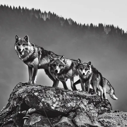 Image similar to a precipice before, wolves behind