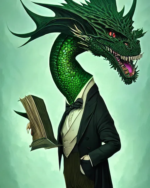 Image similar to anthropomorphic art of a businessman dragon, green dragon, portrait, victorian inspired clothing by artgerm, victo ngai, ryohei hase, artstation. fractal papers and books. highly detailed digital painting, smooth, global illumination, fantasy art by greg rutkowsky, karl spitzweg