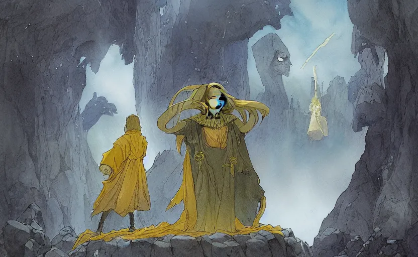 Prompt: a hyperrealist anime watercolor fantasy concept art of a giant alien with a grey robe and a small grey alien with a yellow robe in stonehenge on a misty night. several big stones are floating in the air. by rebecca guay, michael kaluta, charles vess