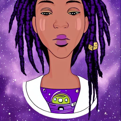 Image similar to black woman with purple dreads in space in the style of ghibli