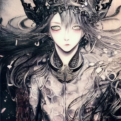 Image similar to yoshitaka amano blurred and dreamy illustration of an anime girl with black eyes, wavy white hair fluttering in the wind wearing elden ring armor and crown with engraving, highly detailed face, abstract black and white patterns on the background, noisy film grain effect, highly detailed, renaissance oil painting, weird portrait angle, blurred lost edges, three quarter view