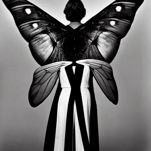 Prompt: a person with moth wings and a proboscis, large format film photograph by richard avedon