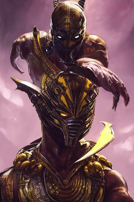 Image similar to ultra realistic illustration, scorpion from mortal kombat dressed like a wakandan warrior, hacknaut cyberpunk, sci - fi, fantasy, intricate, elegant, highly detailed, digital painting, artstation, concept art, smooth, sharp focus, illustration, art by artgerm and greg rutkowski and alphonse mucha