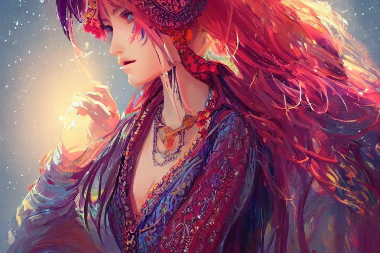 Image similar to a beautiful bohemian girl, intricate, highly detailed, digital painting, pixiv, artstation, official media, anime key visual, concept art, rich vivid colors, ambient lighting, sharp focus, illustration, art by erak note
