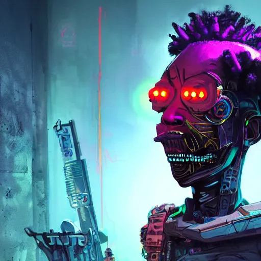 Image similar to a dark and ominous cyborg african child soldier with glowing eyes and neon facial warpaint, neon graffiti, Apex Legends character digital illustration portrait design, by android jones and greg rutkowski in a cyberpunk voodoo style, retrowave color scheme, detailed, cinematic lighting, wide angle action dynamic portrait