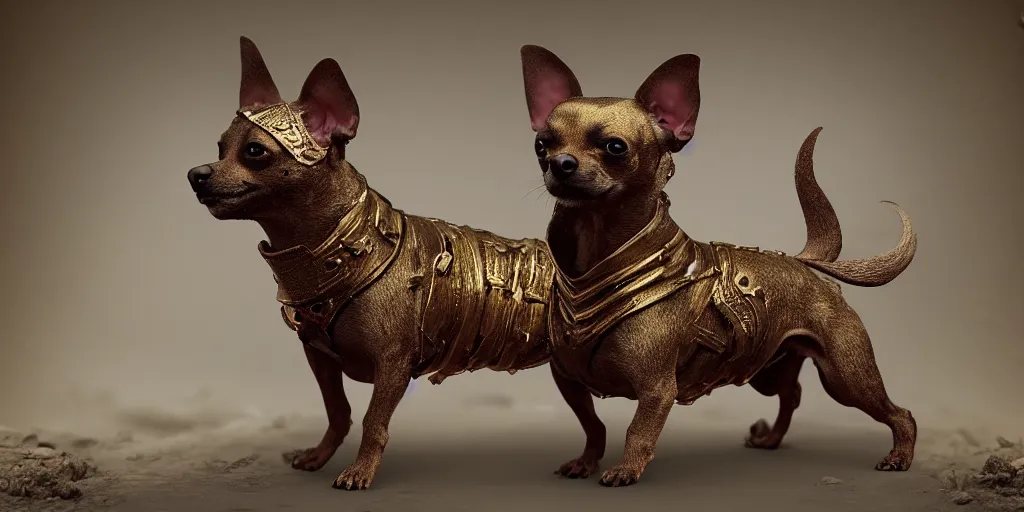 Image similar to humanoid Chihuahua pinscher mix in golden ornamented armor, ears, white particles, dark souls style, Fantasy Style, cinematic light, 35mm camera lens, with ZBrush, by Zdzislaw Beksinski