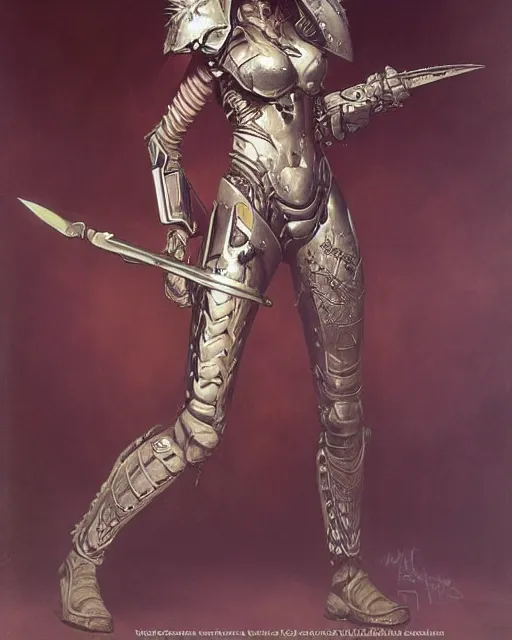 Image similar to portrait of a beautiful savage slaanesh creature female warhammer 4 0 k, wearing futuristic armor, by norman rockwell