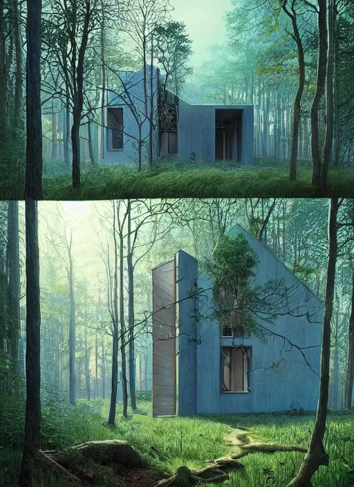 Prompt: hyper realistic witchy modern house with mood lighting and tech in the woods gorgeous lighting, sunbeams blue sky, highly detailed, lush forest foliage painting by zdzisław beksinski and norman rockwell and greg rutkowski weta studio, and lucasfilm