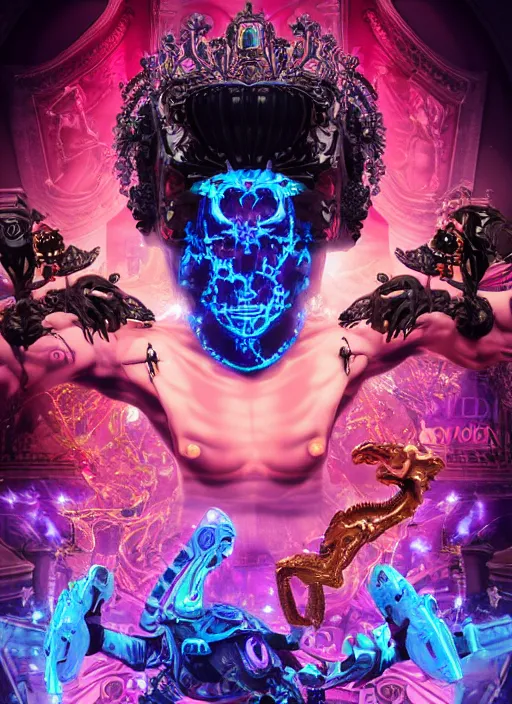 Image similar to full-body baroque and cyberpunk style sculpture of a young seductive Hispanic prince half android with a chest exposing a glowing gemstone battery and a CRT monitor face, glowing pink seductive laser eyes, crown of blue gears and diamonds, swirling salmon-colored silk fabric, robotic raptors dinosaurs. baroque elements. full-length view. intricate artwork by caravaggio. art by Artgerm and Greg Rutkowski and Alphonse Mucha and Tooth Wu and Beeple, Trending on artstation, cinematic industrial lighting, hyper realism, octane render, 8k, depth of field, 3D