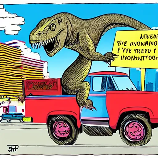 Image similar to animated tyrannosaurus skateboarding on a truck through new York City, cartoon, 1993, by amblimation, by universal pictures