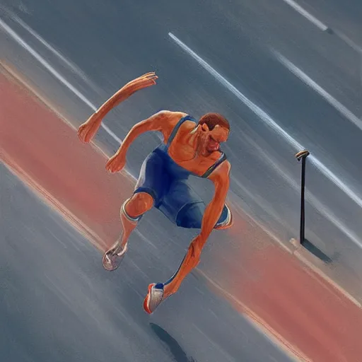 Prompt: cinematic painting of qwop!!!!!!!!!!!!!!!!! running down the track by stanley artgerm lau, kinetic, motion, athletic, running