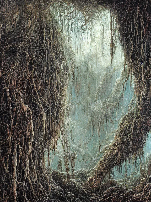 Image similar to A detailed painting of cobweb hanging on the eldritch forest cave,ethereal,maximalism,glittering,by Gustave Doré and peter gric,Trending on artstation