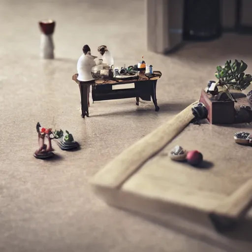 Image similar to macro photography focused on a miniature figure on a countertop. The background is the rest of the kitchen. The mid ground is a dramatic highway bridge that connects the vintage fridge to the counter. Award winning photo.