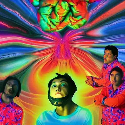 Prompt: LSD dream, one mexican man, one asian man, one white man, one black man, sitting on couch, melting atmosphere, 4k