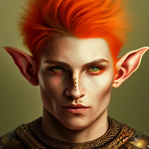 Prompt: portrait painting of an elven young man with short light orange hair and tribal tattoos on his face wearing fur armor, sharp focus, award - winning, trending on artstation, masterpiece, highly detailed, intricate. art by merwild and ernesto irawan and rachel denton