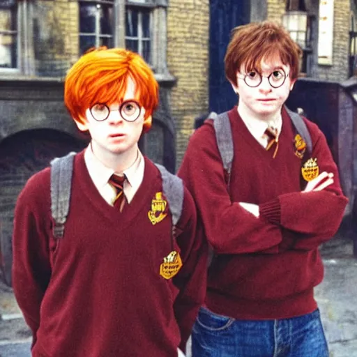 Prompt: harry potter and ron weasley as gang - members in the ghetto