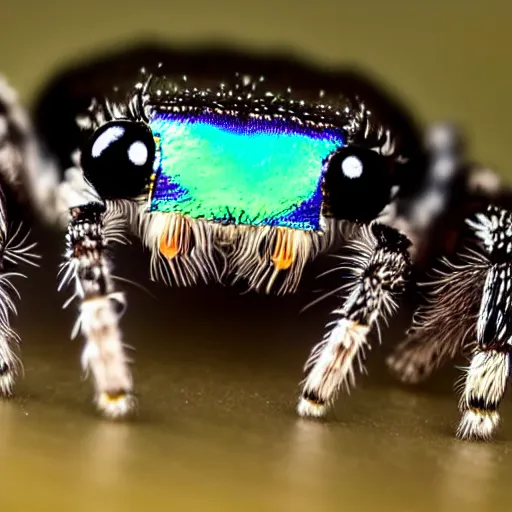 Image similar to a jumping spider using a microscopic keyboard, by pixar, macro lens, iridescent