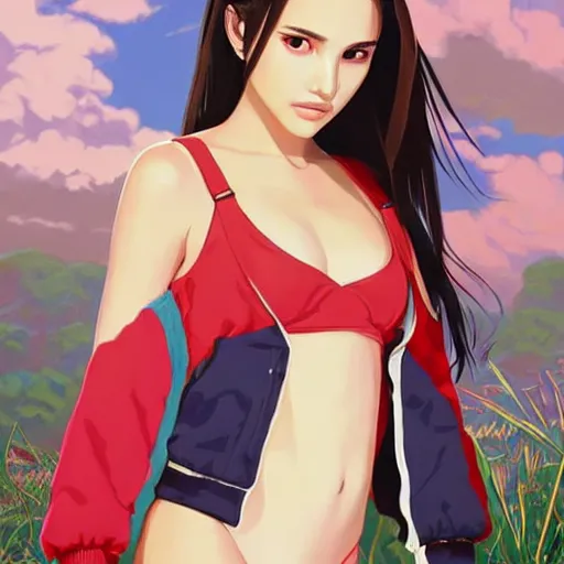 Image similar to a beautiful young japanese natalie portman alluring gravure model, stylized concept art, wearing elegant designer bomber jacket and one piece bikini, bomber jacket with mesoamerican patterns, mesoamerican native street fashion, princess mononoke, painted by ilya kuvshinov aesthetic, gorgeous, stunning, alluring, attractive, artstation, pinterest, digital art