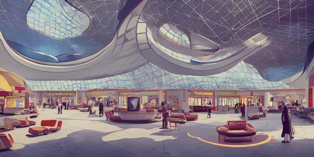 Prompt: a beautiful illustration of futuristic mall, lots of furniture, sofa, waiting room, big medium small, sacred geometry, golden ratio, in watercolor gouache detailed paintings, in style of syd mead, trending on artstation, 8 k, panel, hard surface, wallpaper, zaha hadid, scattered props, plant, cozy, decoration, simon stalenhag, wes anderson