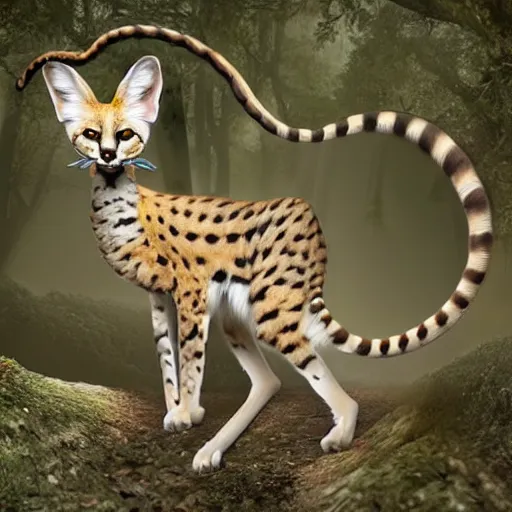 Prompt: photorealistic fantasy digital art of a serval whose torso is extremely long and thin and twisted into a coil, resembling a snake. it is in an oak forest. its tongue is a long forked snake - tongue. realistic high - resolution whimsical image.