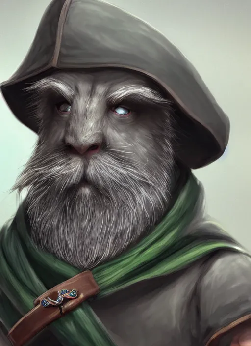 Prompt: gray rat standing on two legs with a gray beard, serious, mean eyes, wearing jewelry, tricorne hat, green robe, D&D, digital art, realistic, detailed face, highly detailed, trending on artstation, 4k, sea in the background