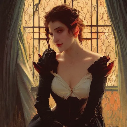 Image similar to portrait of a beautiful vampire by Stanley Artgerm Lau , greg rutkowski, thomas kindkade, alphonse mucha, loish, norman rockwell, J. C. Leyendecker. Trending on artstation rule of thirds detailed illustration hd 4k