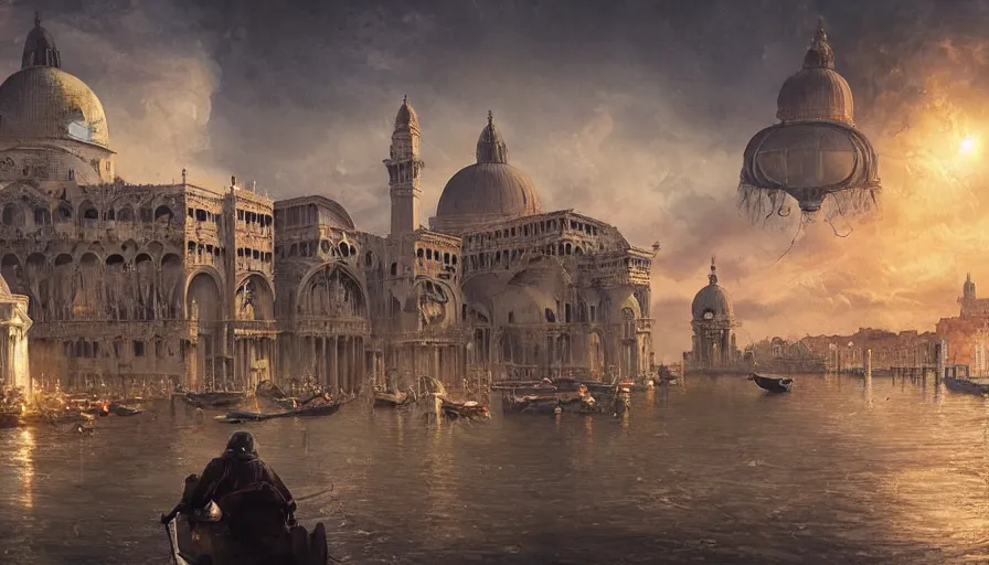 Prompt: an alien ufo spaceship landing on renaissance italy venice city landscape with beautiful temples by greg rutkowski, artgerm, ross tran, magali villeneuve, intricate, time travel theme, audince in awe, sorrounded, award winning