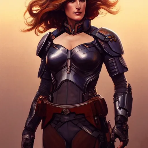 Image similar to Blonde Cobie Smulders as Commander Shepard, western, D&D, fantasy, intricate, elegant, highly detailed, digital painting, artstation, concept art, matte, sharp focus, illustration, art by Artgerm and Greg Rutkowski and Alphonse Mucha