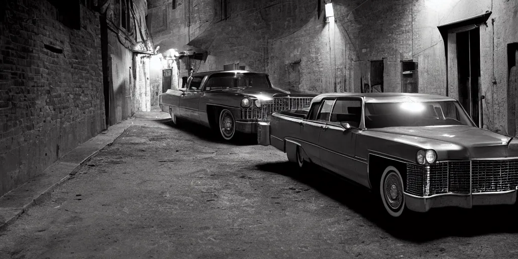 Prompt: a widescreen photo of a old dubbledecker cadillac in a dark alley, low light, by steve mccurry