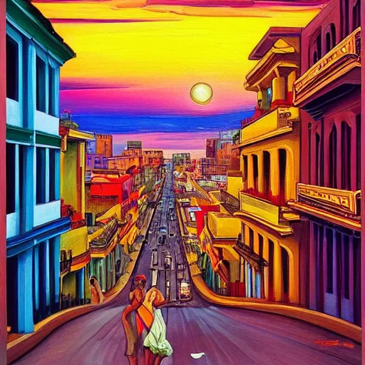 Image similar to art nouveau painting of streets of Havana, Cuba, colorful, beautiful, diverse, golden hour