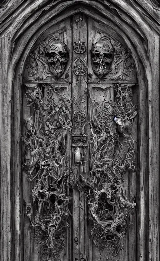 Image similar to port door with carved sinister face head. meduza gorgona. cast iron. gothic medieval baroque. symmetry. epic. ominous shapes. hyper detailed. photoreal. trending on artstation