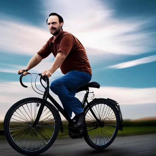 Image similar to man with receding hairline riding bike, detailed, photorealistic, 8 k, wide shot,