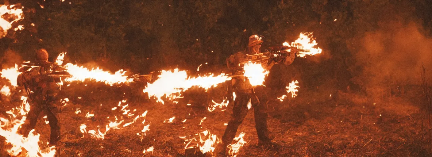 Image similar to a guy firing from a flamethrower napalm, film footage porta 4 0 0 golden, epic burst of fire, cinematic contrast shot