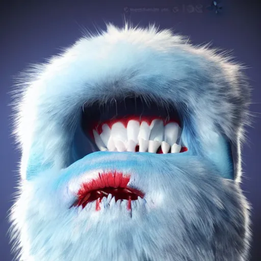 Prompt: a blue furry creature with large red lips, sharp teeth, 4 k photorealistic quality, trending on cgsociety, horror art, eerie art style