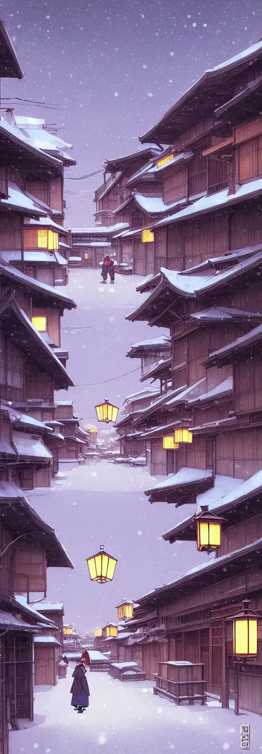 Image similar to empty rural japanese town at night, winter, in the style of studio ghibli, j. c. leyendecker, greg rutkowski, artem